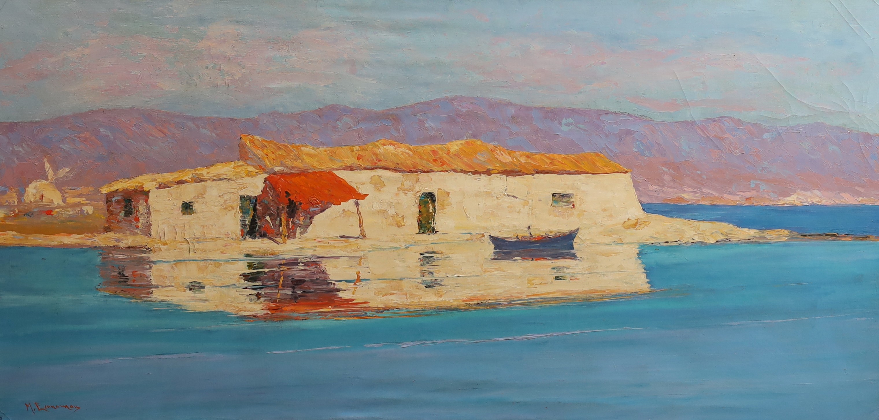 Michalis Economou (Greek 1888-1933), House and boat beside the sea ... 1912, oil on canvas, 59.5 x 119.5cm